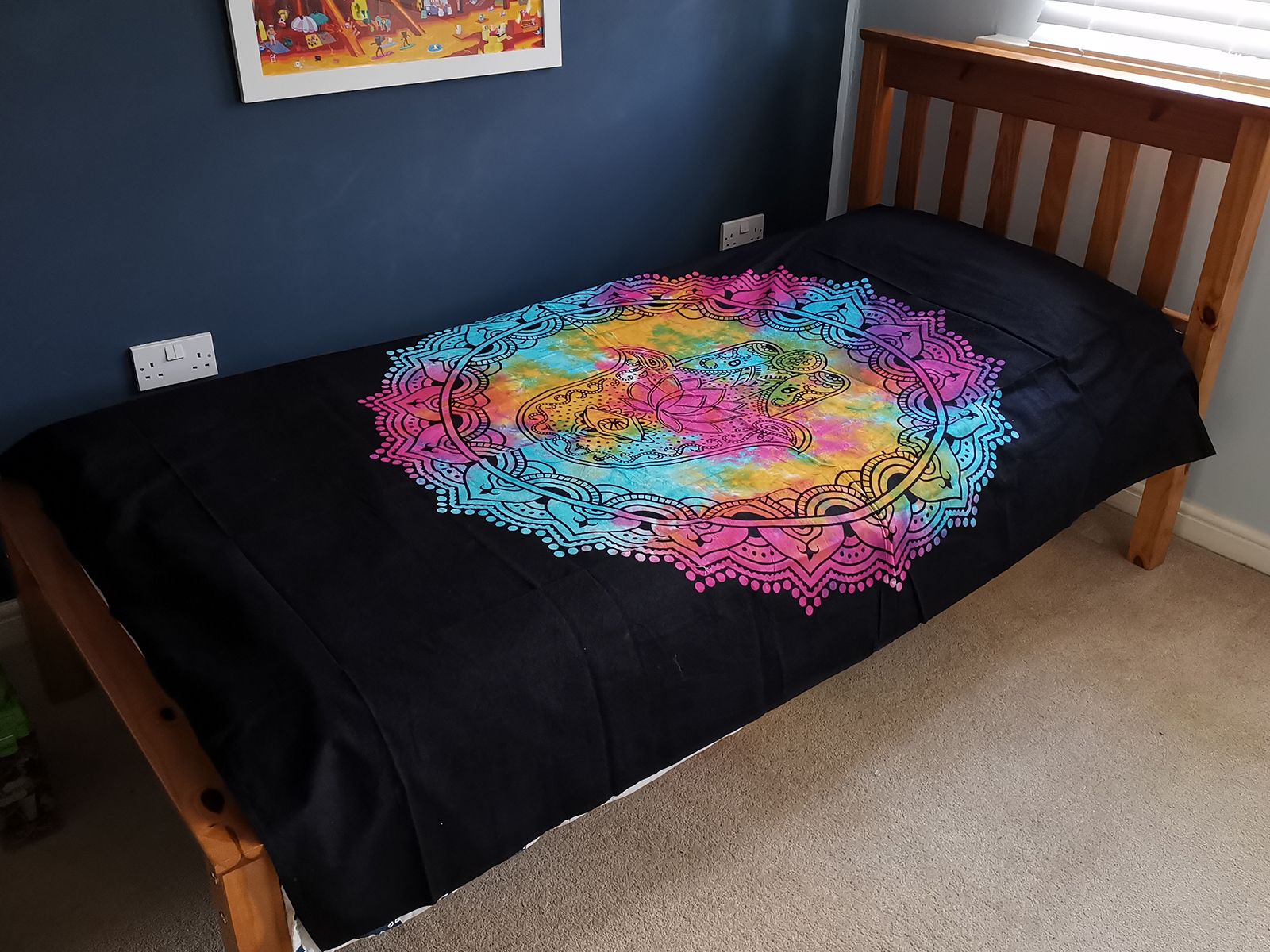 Single Cotton Bedspread + Wall Hanging - Black Hamsa 130cm x 200cm