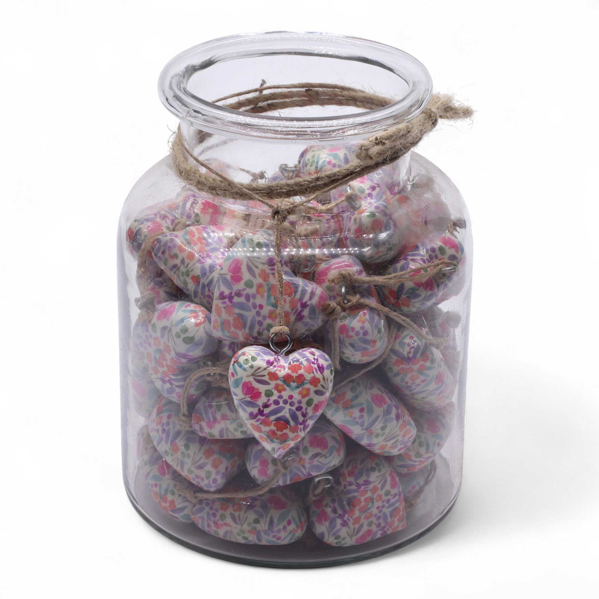 Large Decor Wood Hearts -  Pretty Floral - in Display Jar