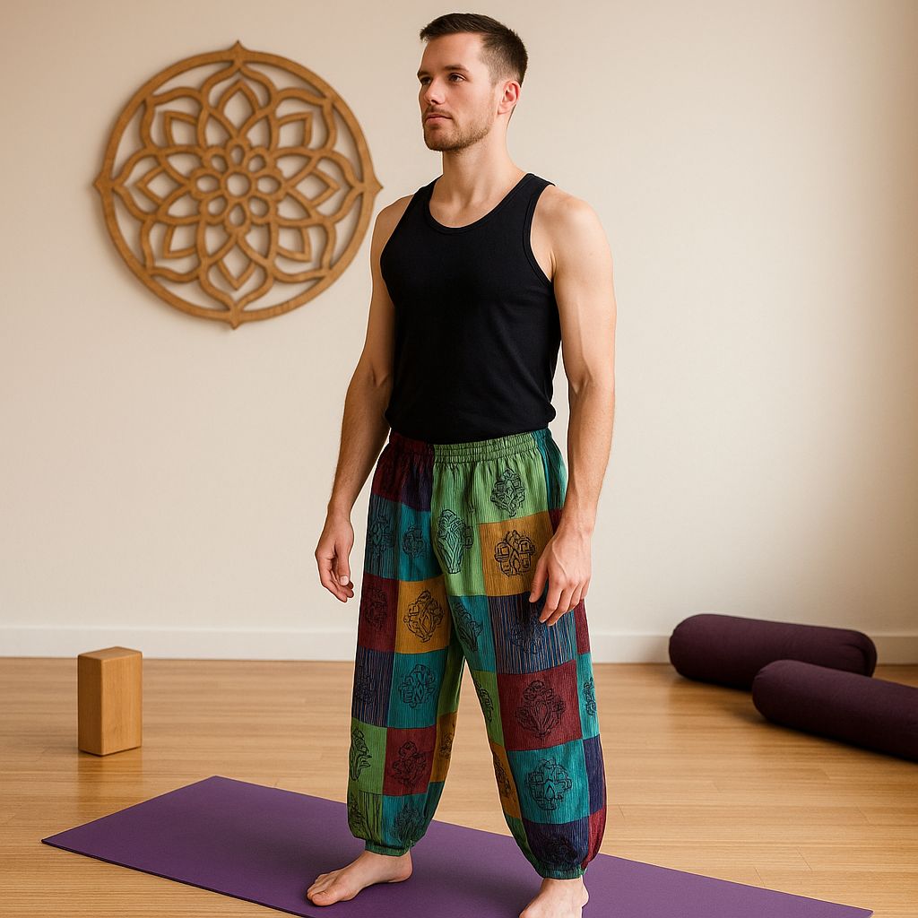 Nomad Sari - Mushroom Pants - Block Print Designs - Green Tones (110x120cm) L/XL