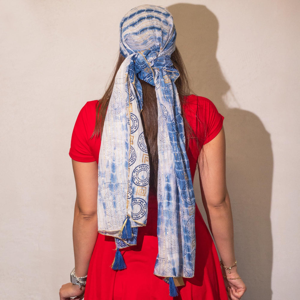 Nomad Sari Summer Marbella Print Scarf - Blue with Gold (180x50cm)