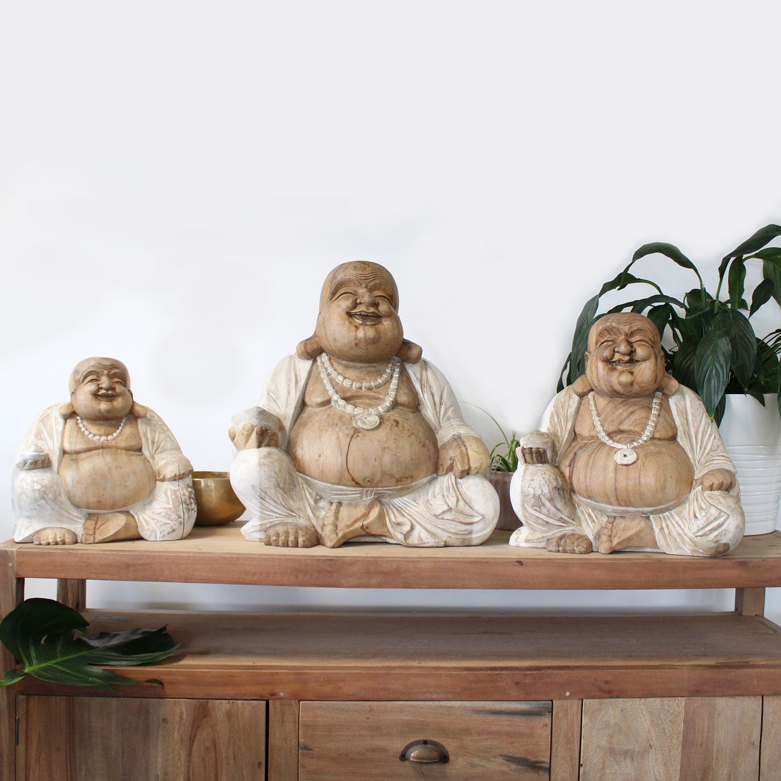 Hand Carved Buddha Statue - 30cm Happy - Whitewash