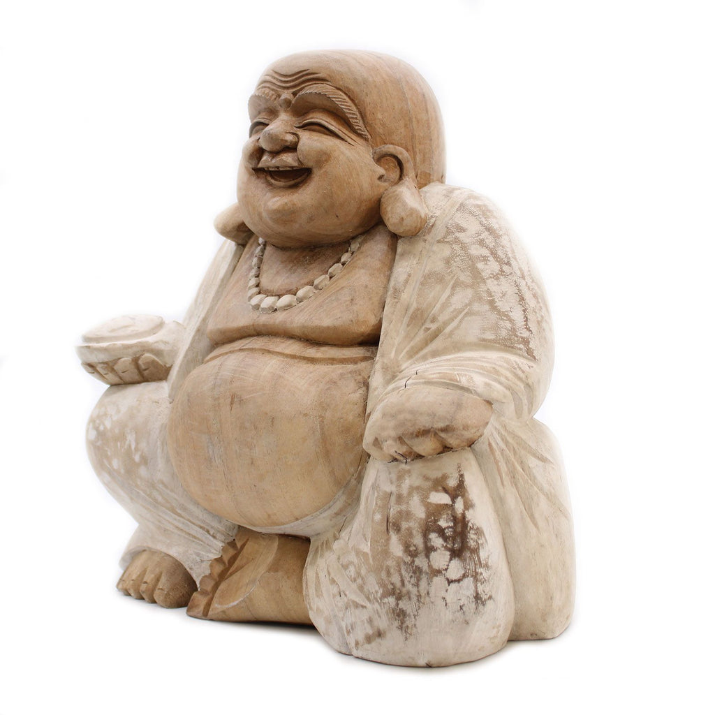 Hand Carved Buddha Statue - 30cm Happy - Whitewash
