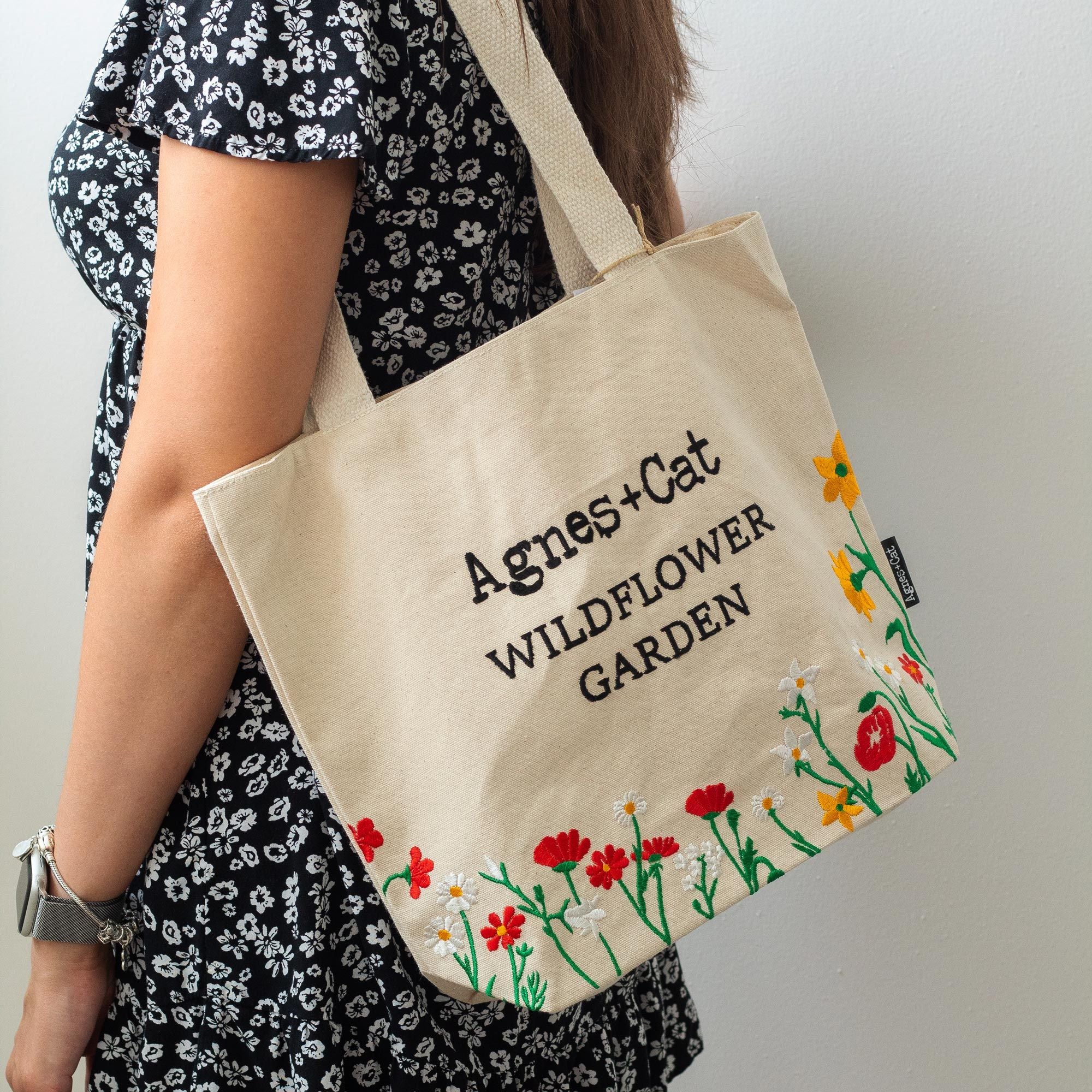 Garden Bag - Embroidery - Lavender Meadow (30x38x10cm) - 10oz cotton natural - inside lining and pocket