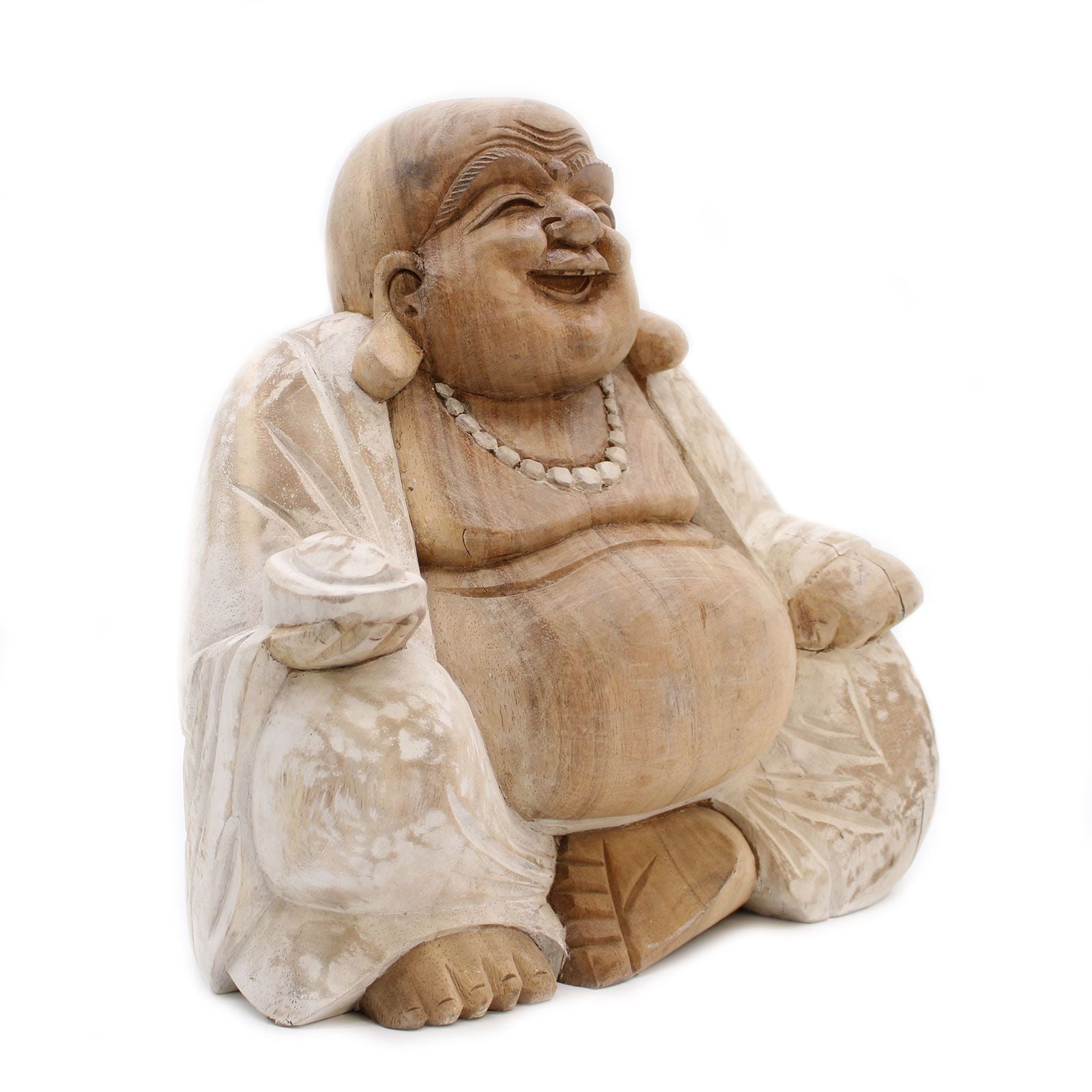 Hand Carved Buddha Statue - 30cm Happy - Whitewash