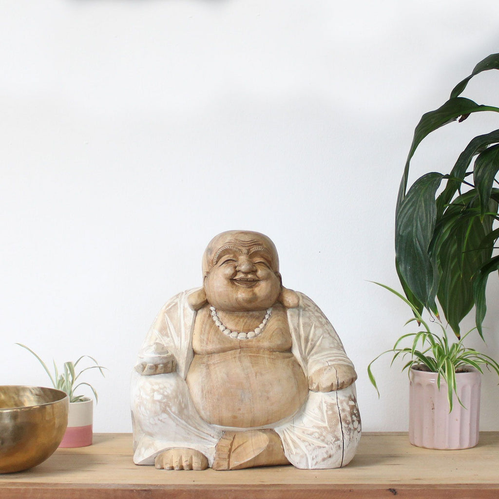 Hand Carved Buddha Statue - 30cm Happy - Whitewash