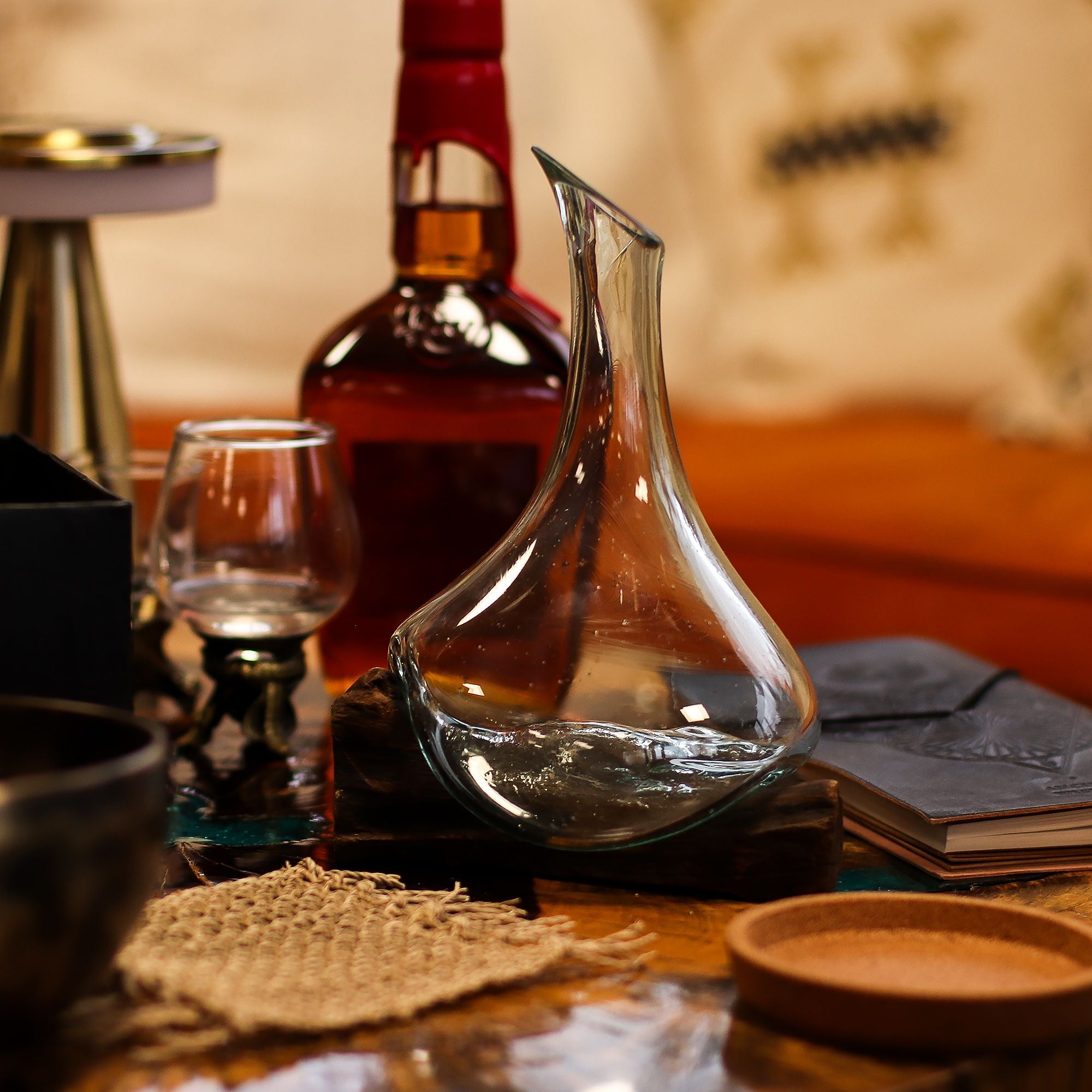 Molten Glass Mini Decanter on Wood 20cm