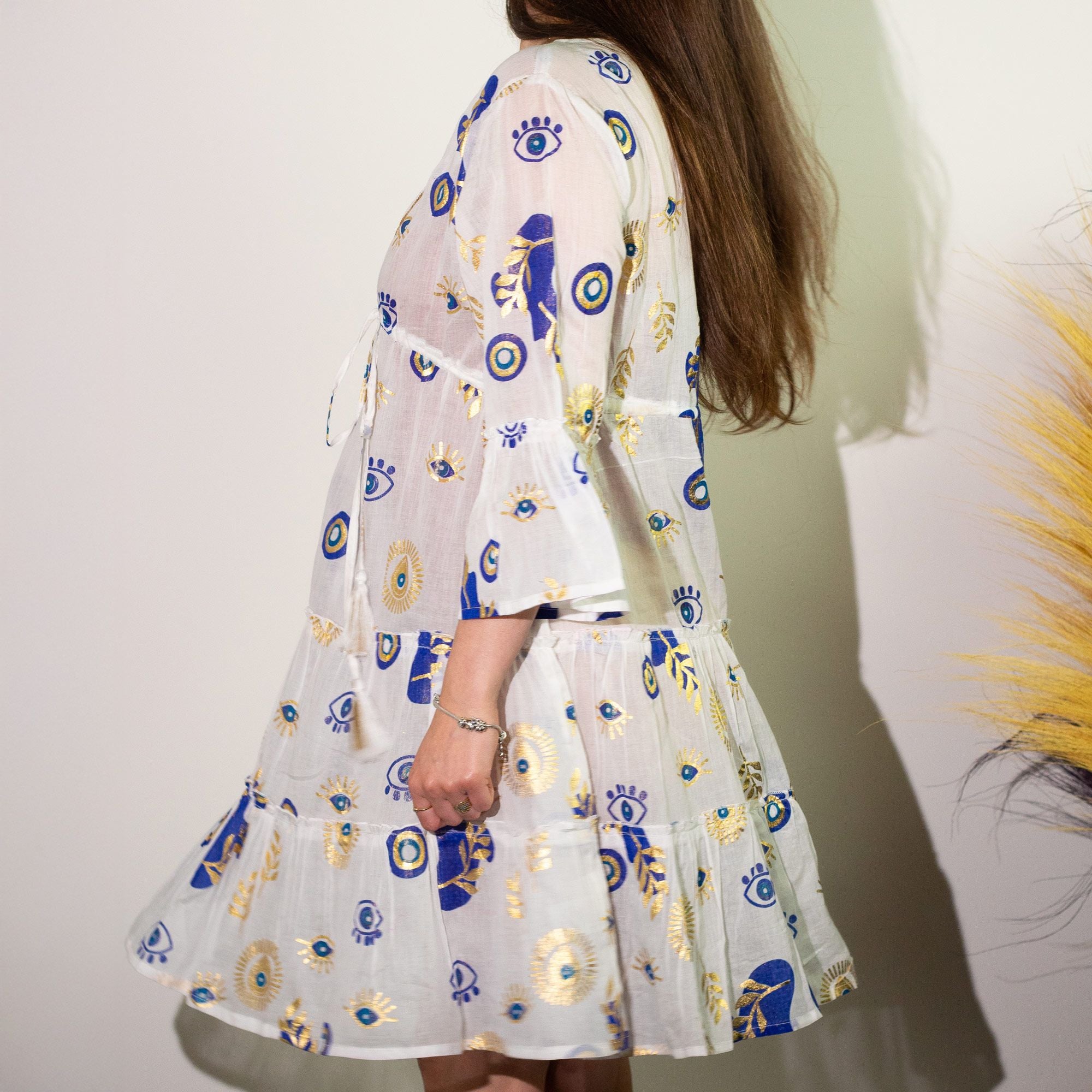 (LXL) Nomad Sari On the Med Collection - Dress -  White , Blue & Gold Evil Eye Design