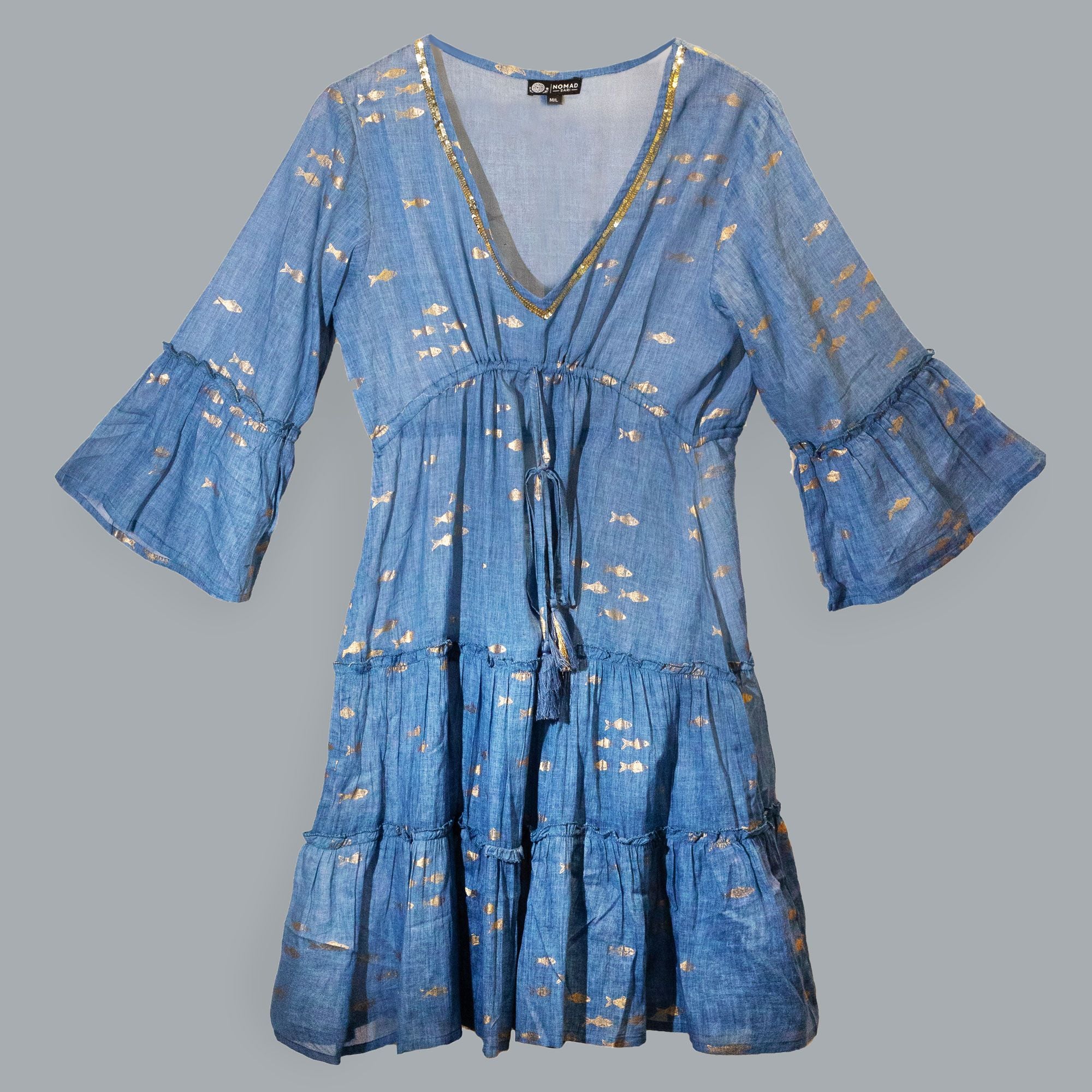 Nomad Sari On the Med Sea Blue & Gold Fish Print Dress (M/L)