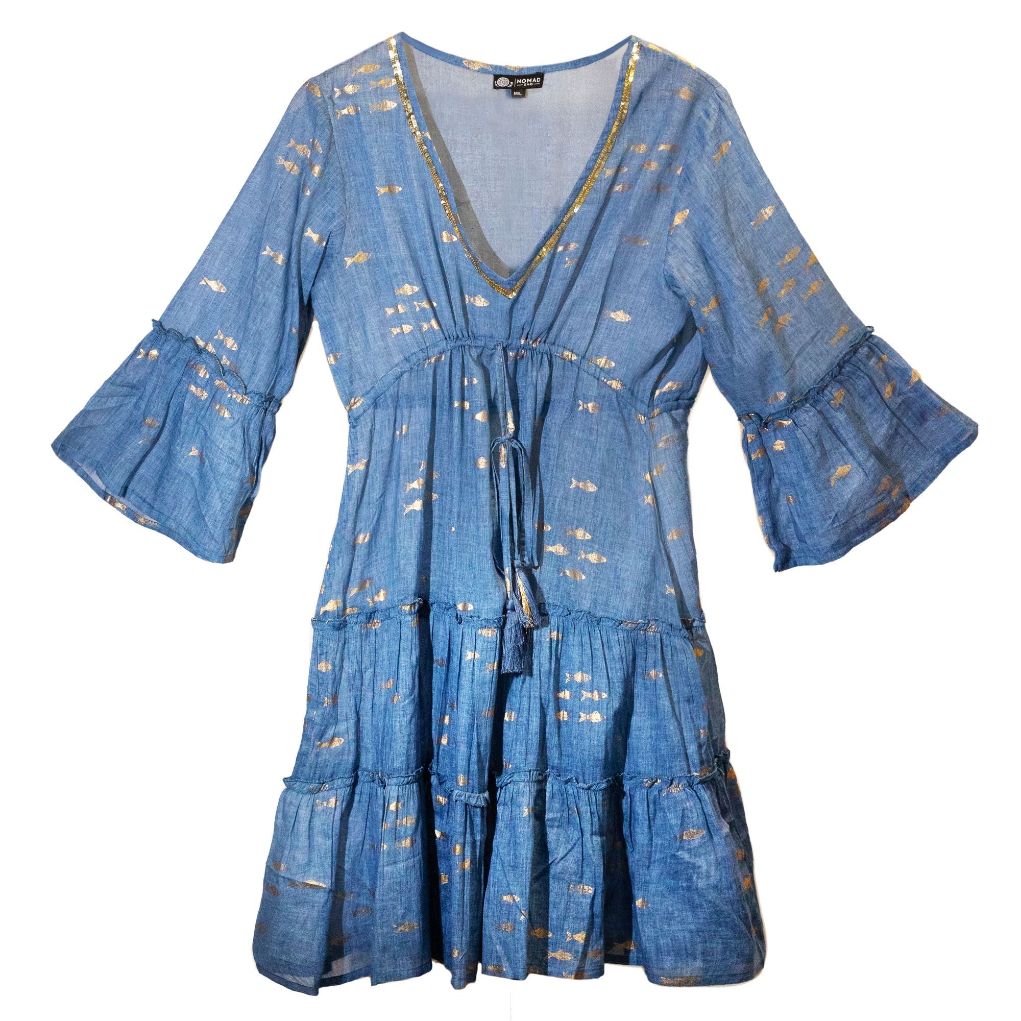 Nomad Sari On the Med Sea Blue & Gold Fish Print Dress (M/L)