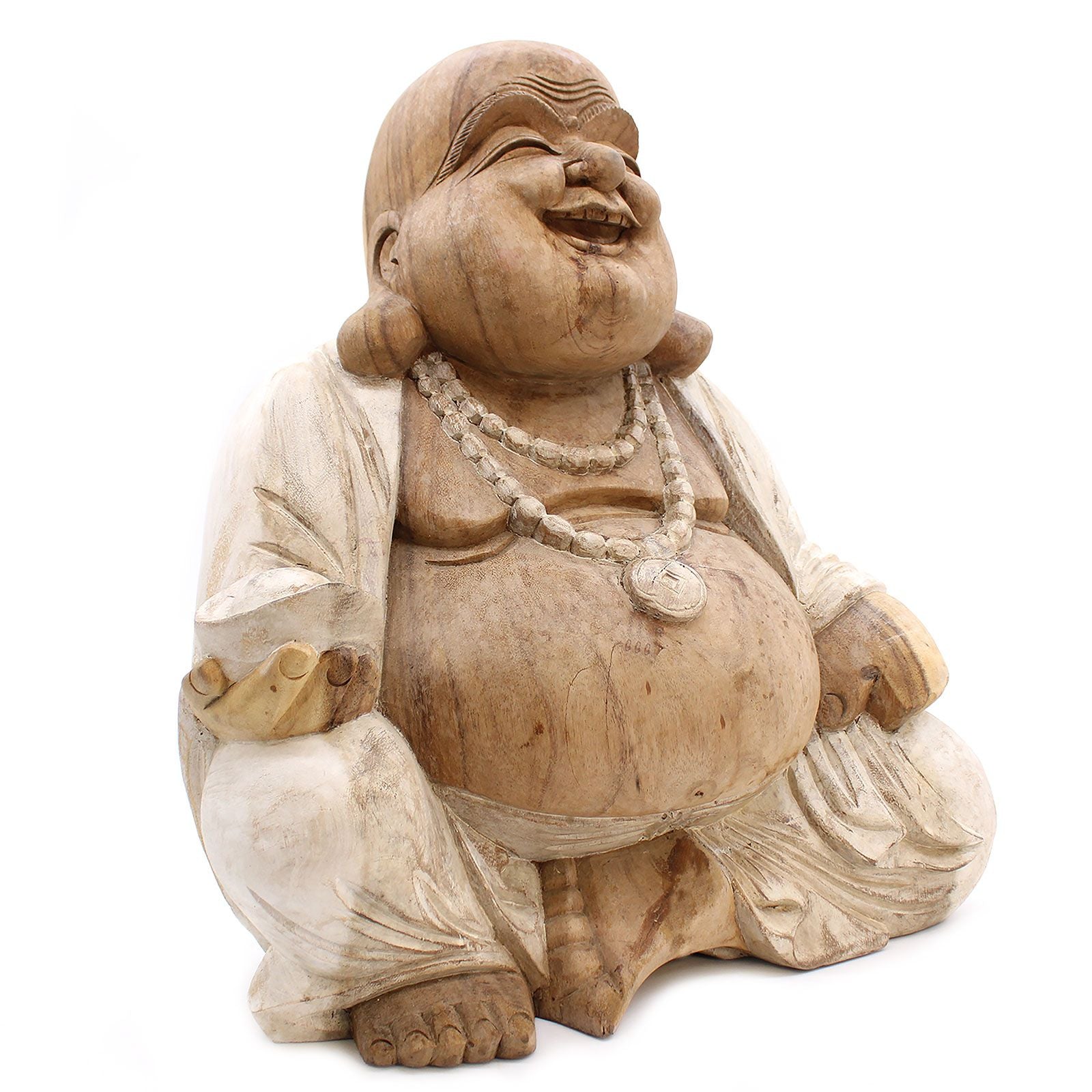 Hand Carved Buddha Statue - 50cm Happy - Whitewash