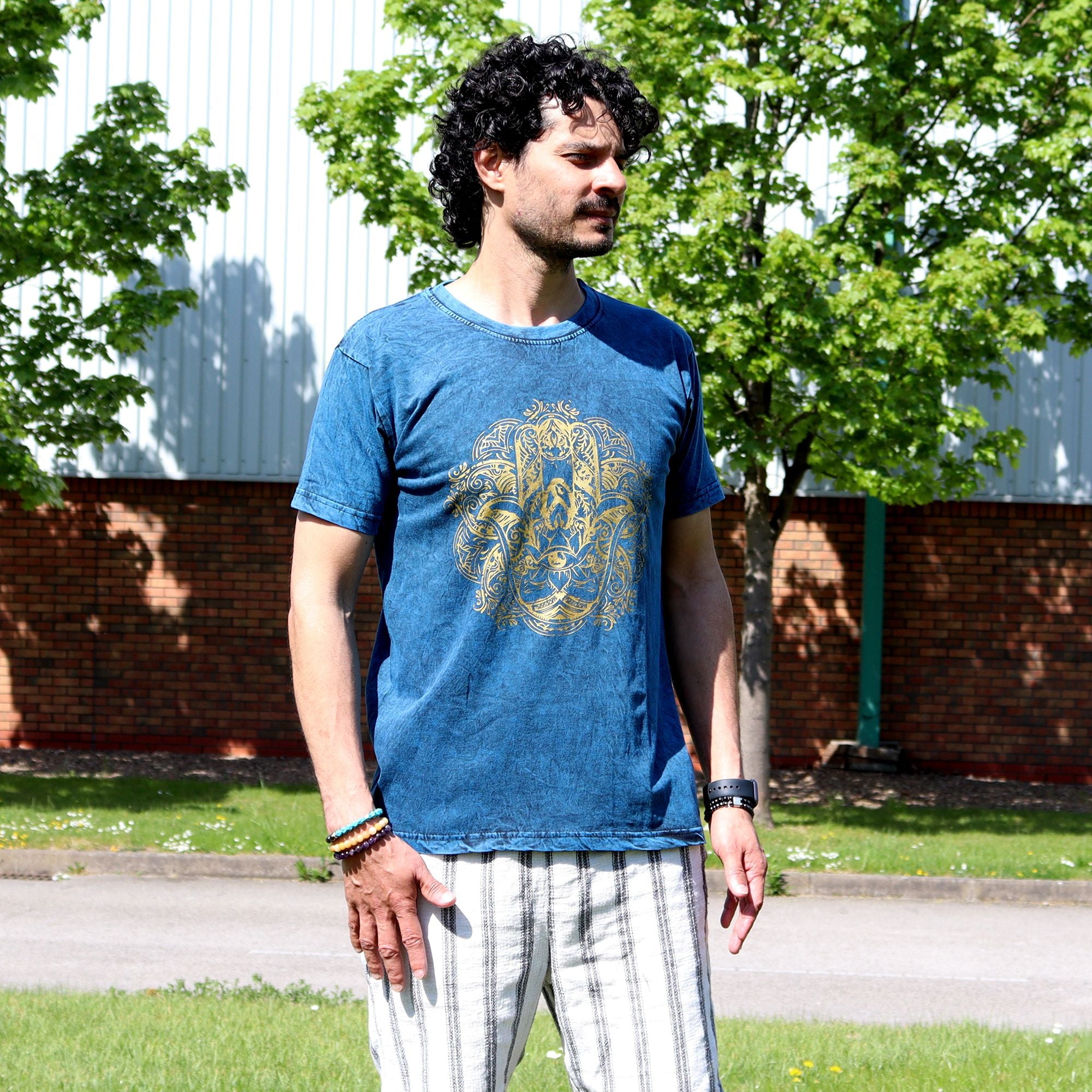 Medium Stone Washed Teashirt - Hamsa - Blue