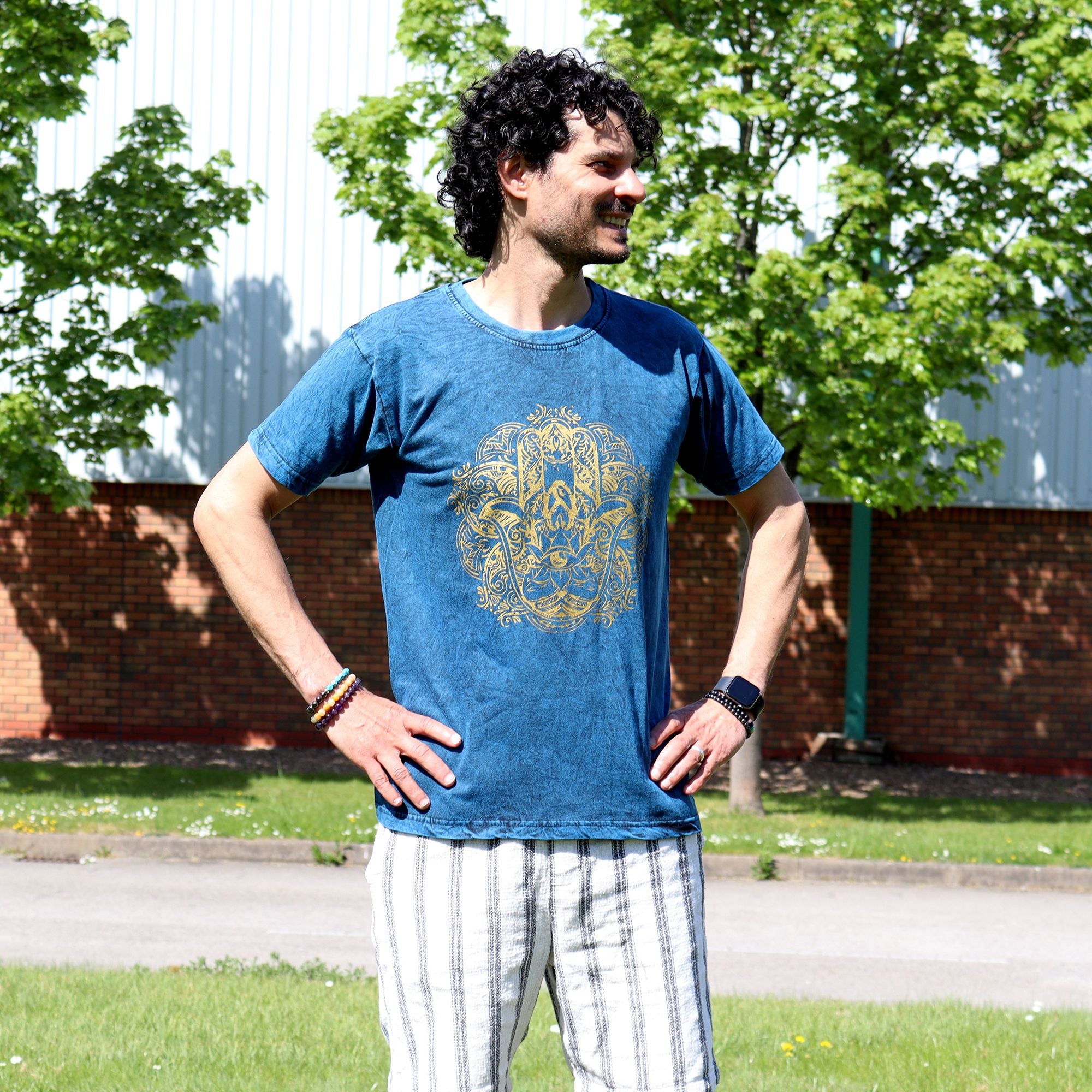 Medium Stone Washed Teashirt - Hamsa - Blue