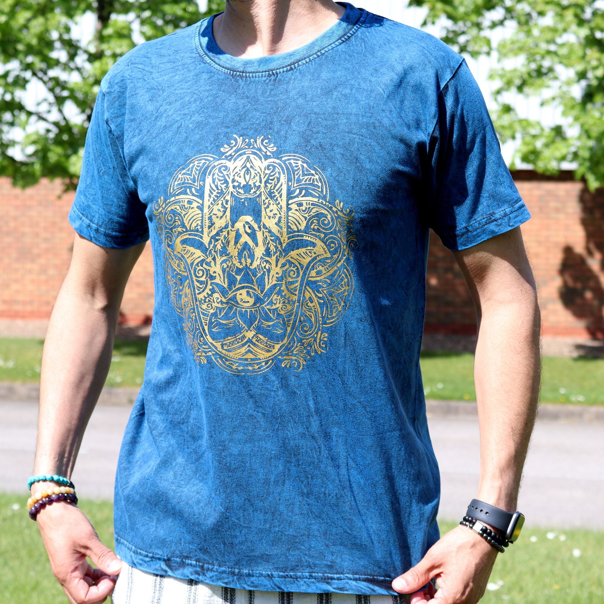 Medium Stone Washed Teashirt - Hamsa - Blue