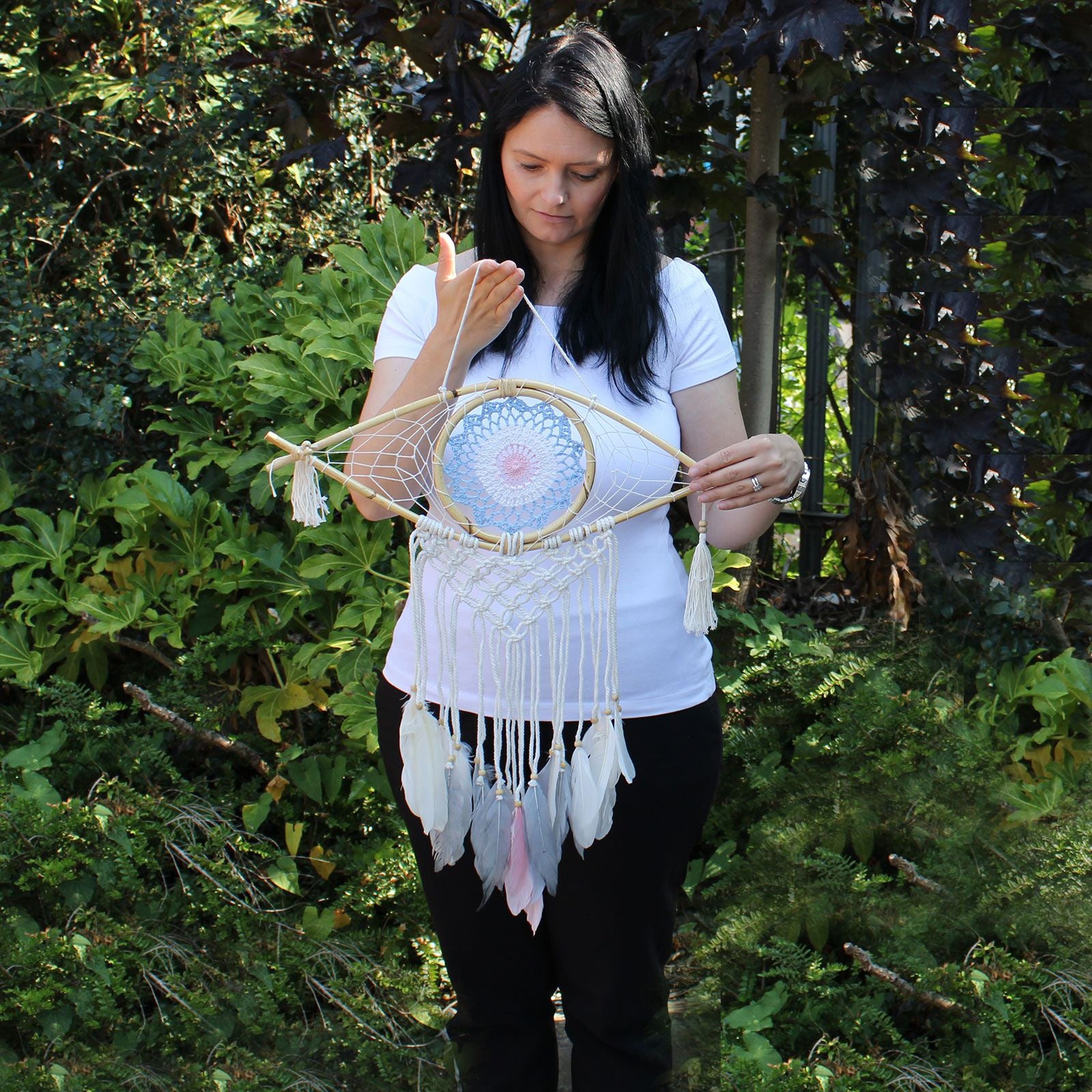 Protection Dream Cather - Med Macrame Eye White/ Blue/Grey