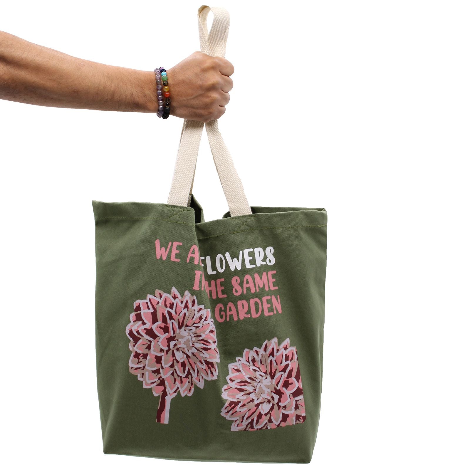 Printed Cotton Bag - We are Flowers - Olive, Pink and Natural