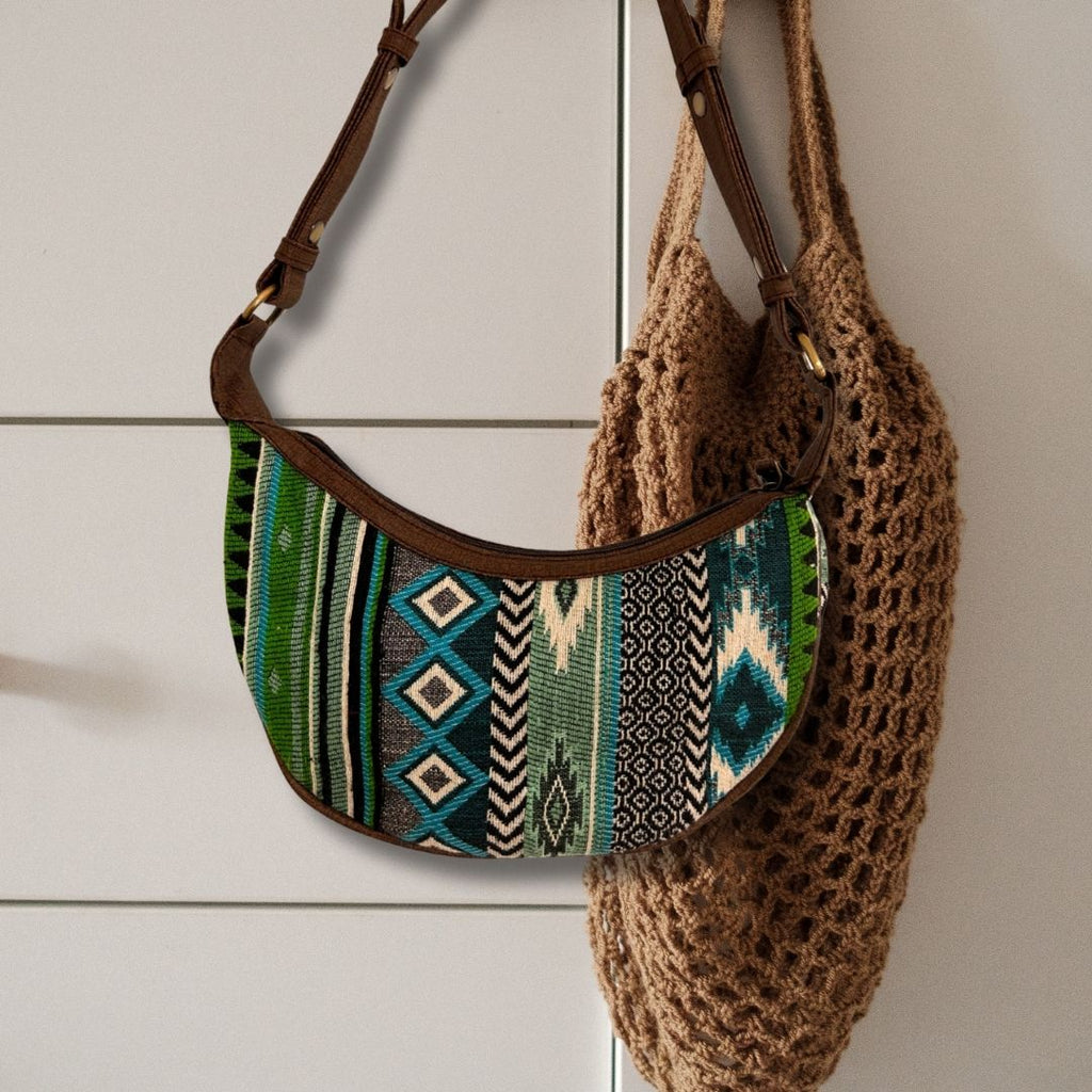 Jacquard Hobo Bag - Bold Greens (brown strap)